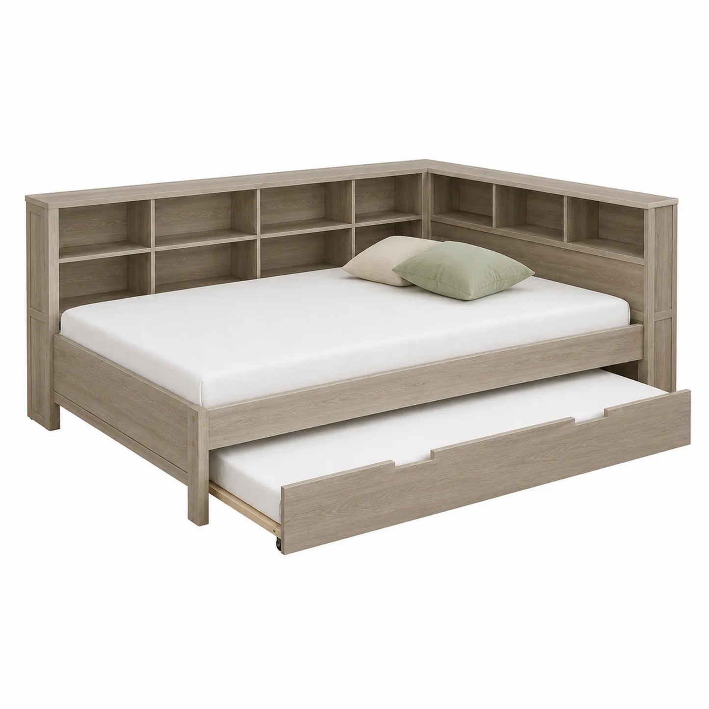 Eckbett aus Holz mit Regal und Ausziehbett