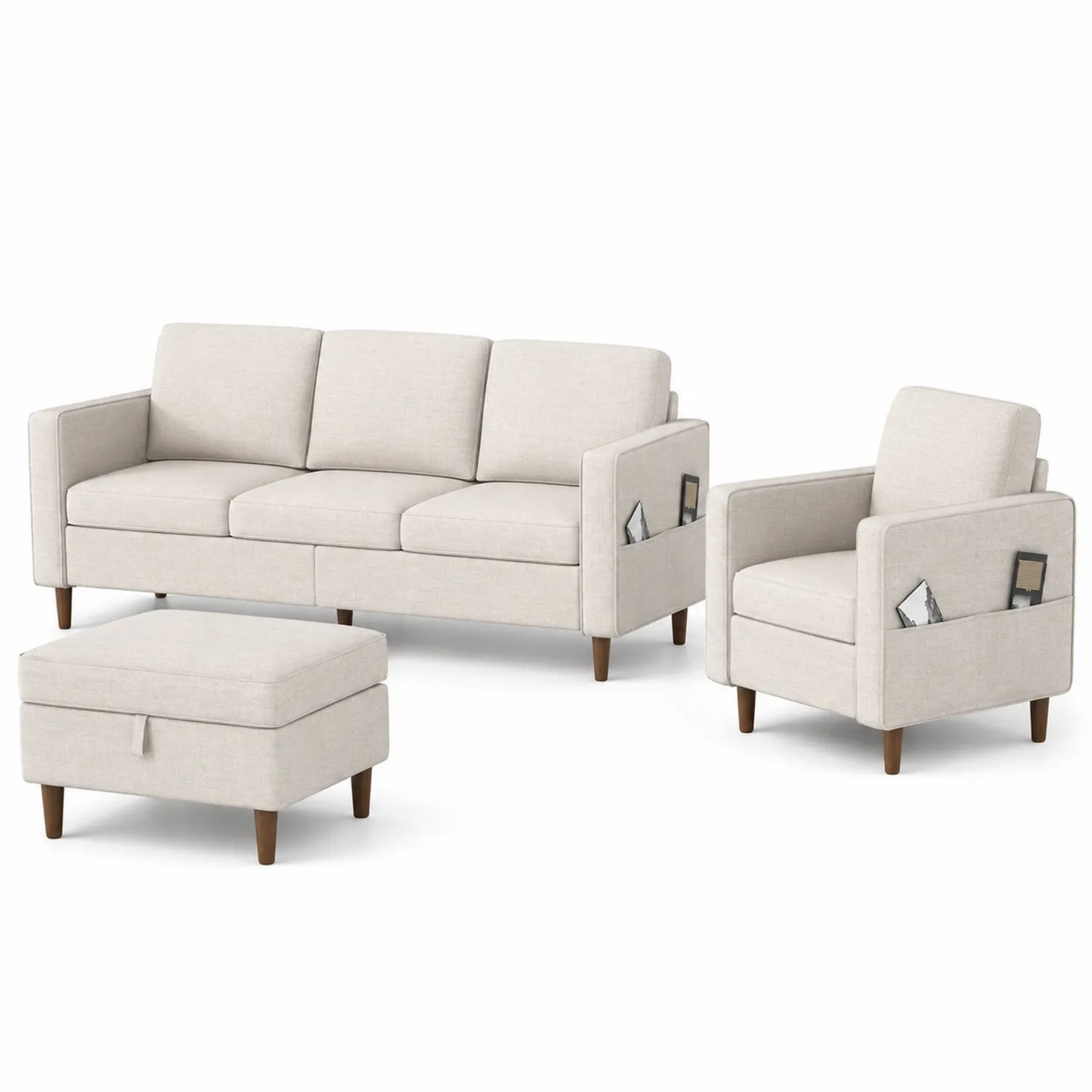3-teiliges Sofa Set aus Stoff in Beige