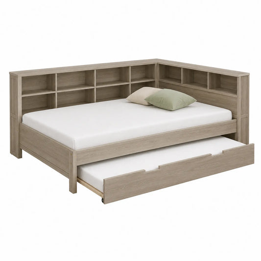 Eckbett aus Holz mit Regal und Ausziehbett