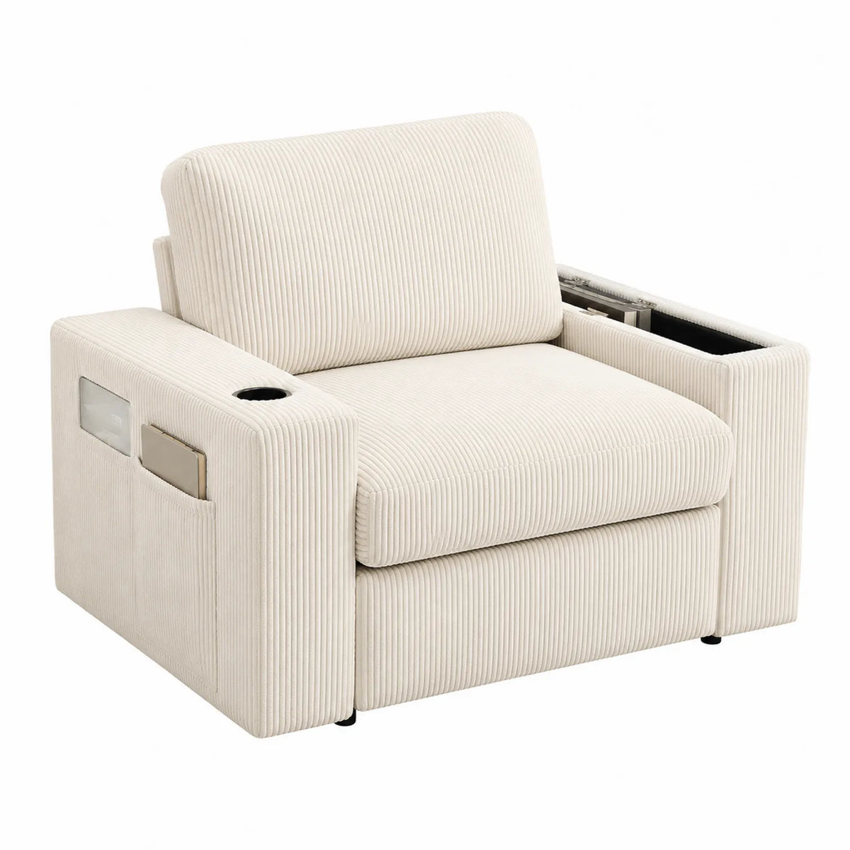 Sessel aus Cordgewebe mit Stauraum und Getränkehalter, Beige