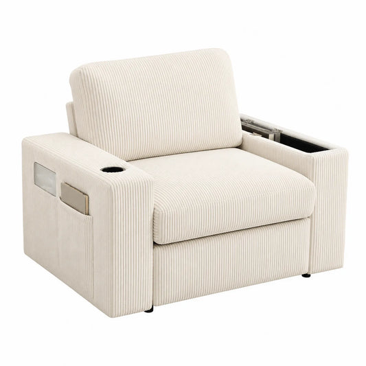 Sessel aus Cordgewebe mit Stauraum und Getränkehalter, Beige
