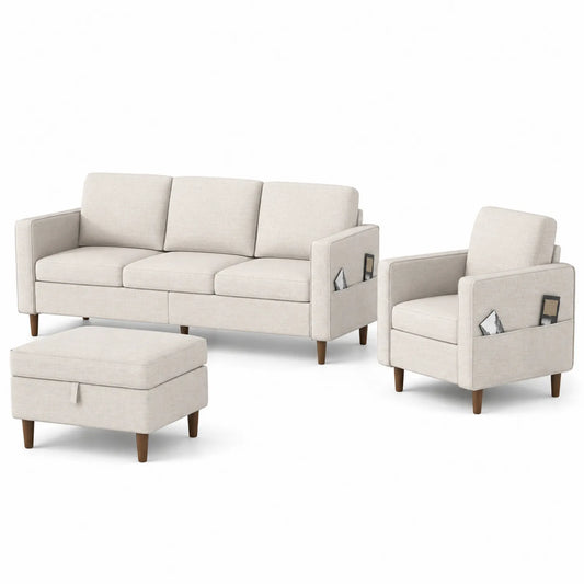 3-teiliges Sofa Set aus Stoff in Beige