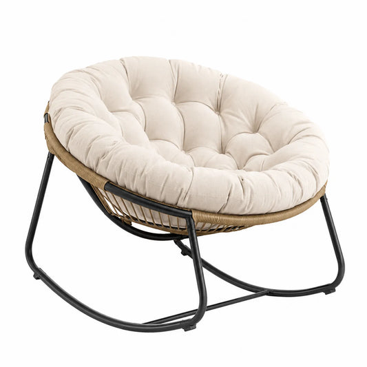 Runder Schaukelstuhl aus Stahl und Polyrattan mit beige Kissen