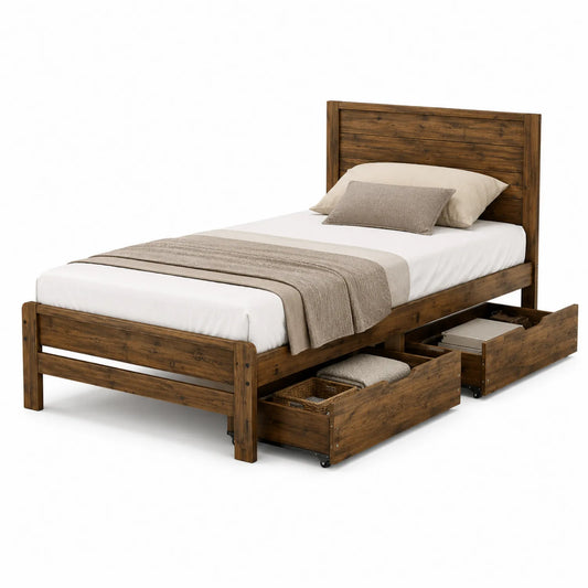 Einzelbett aus Kiefernholz mit Schubladen 200x90 cm Braun
